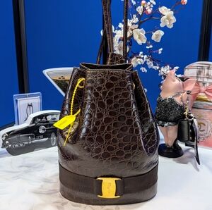 Salvatore Ferragamo Vara Ribbon Croc Embossed Mini Leather Brown Backpack